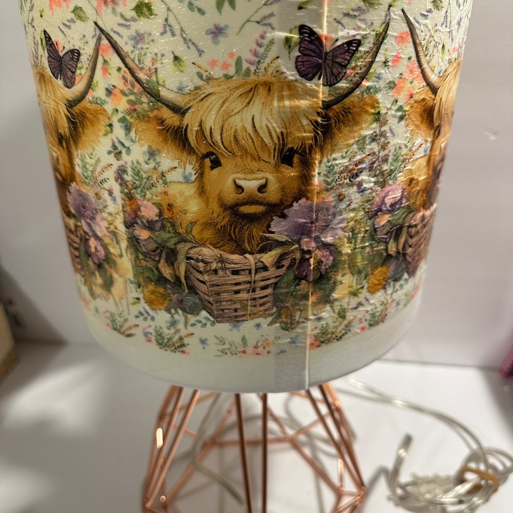 Rose Gold Metal  Bedside Lamp With Decoupaged Floral Highland Cow Shade - Picture 4 of 13